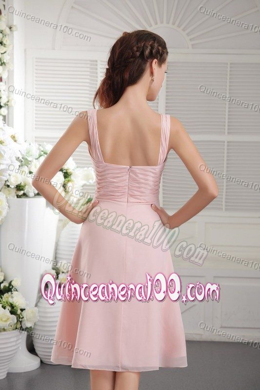 Baby Pink Straps Tea-length Chiffon Dama Dresses with Hand made Flower