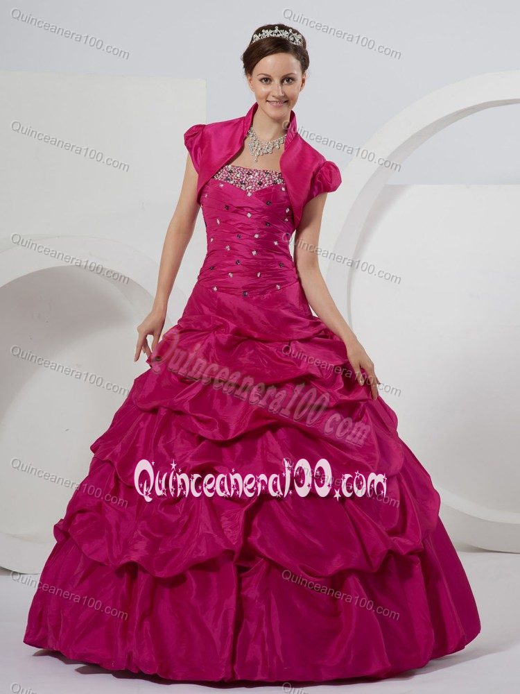 Fuchsia Taffeta Beaded Quinceanera Gown Dresses with Pick-ups