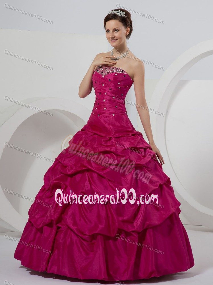 Fuchsia Taffeta Beaded Quinceanera Gown Dresses with Pick-ups