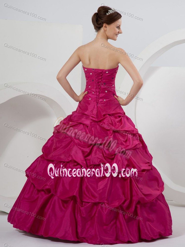 Fuchsia Taffeta Beaded Quinceanera Gown Dresses with Pick-ups