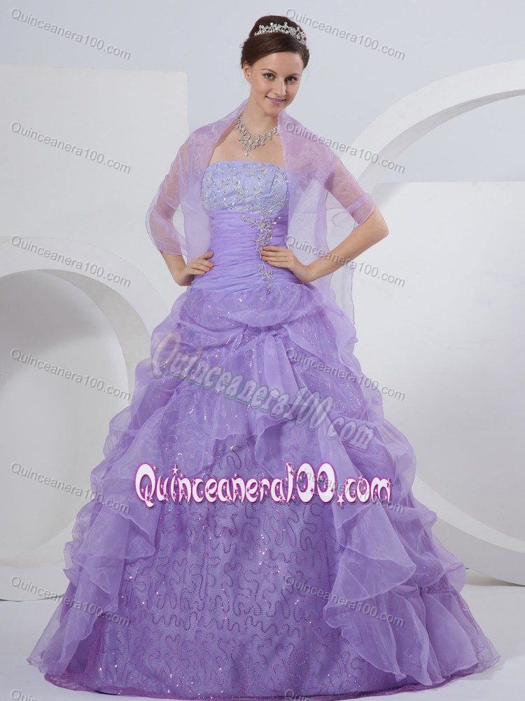 Lavender Organza Ruched Dress for Quinceaneras with Appliques