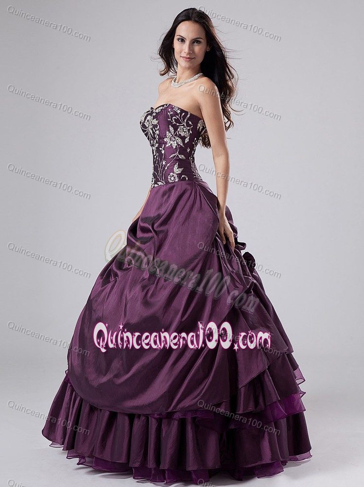 Purple Taffeta Quinceanera Gown Dresses with Hand Made Flowers