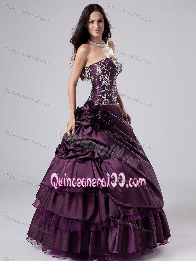 Purple Taffeta Quinceanera Gown Dresses with Hand Made Flowers