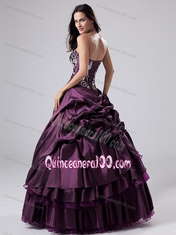 Purple Taffeta Quinceanera Gown Dresses with Hand Made Flowers