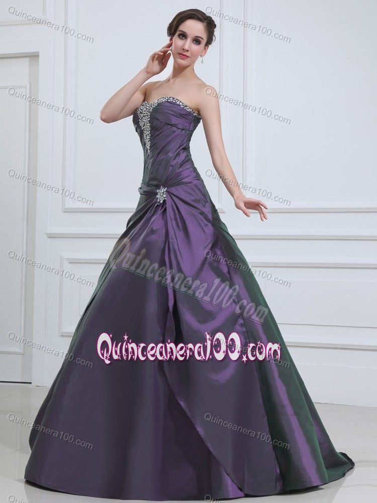 Dark Purple A-line Taffeta Beaded Dress for Quinceaneras