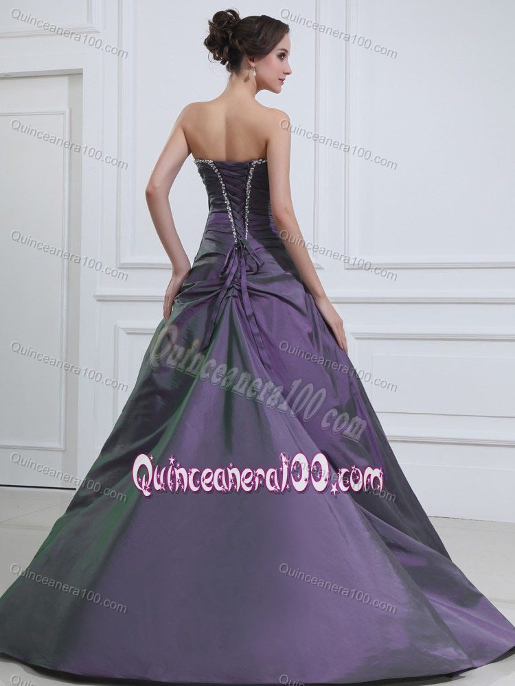 Dark Purple A-line Taffeta Beaded Dress for Quinceaneras