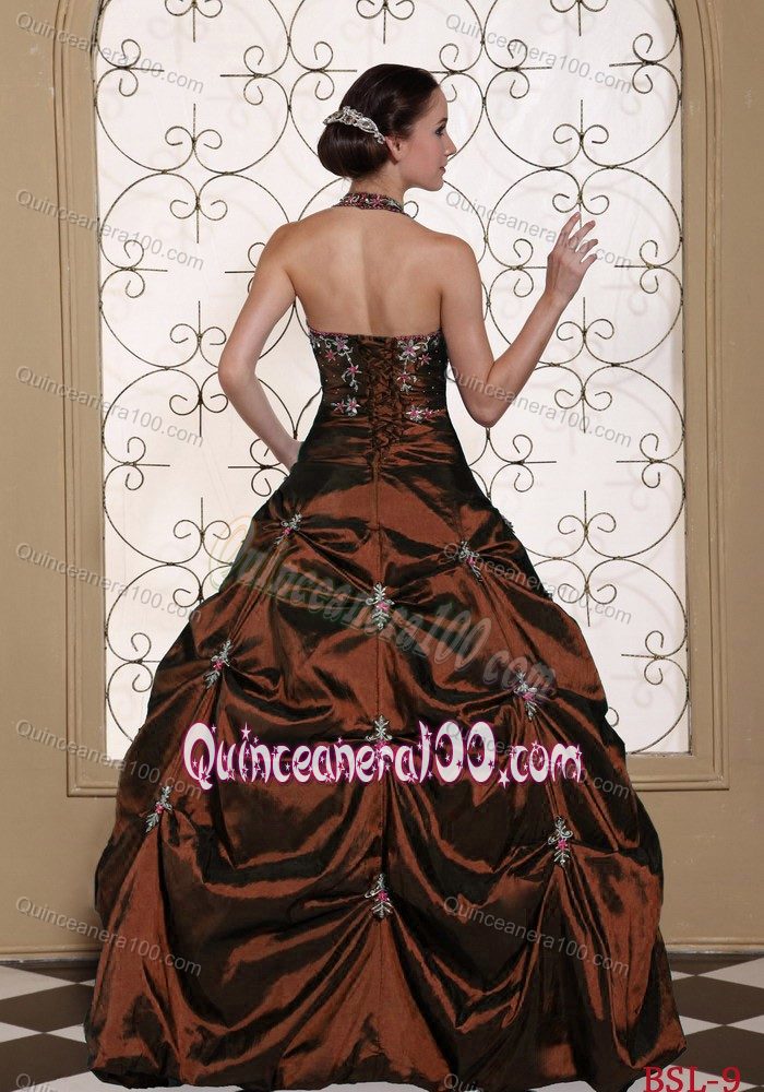 Halter Taffeta Appliques Sweet Sixteen Dresses with Pick-ups