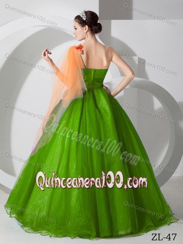 Best Hand Made Flowers One Shoulder Sweet 15 Dresses in Green