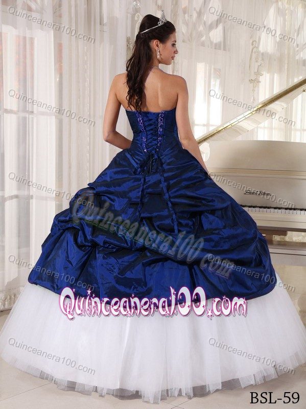 Navy Blue and White Ball Gown Sweet Sixteen Dress with Pick-ups