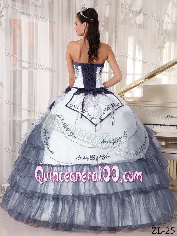 White and Gray Organza Embroidery Dress for Sweet 15 Discount