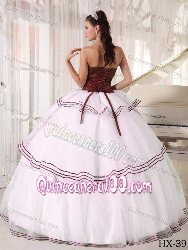 Formal Strapless Beading Dress for Quince in Burgundy and White