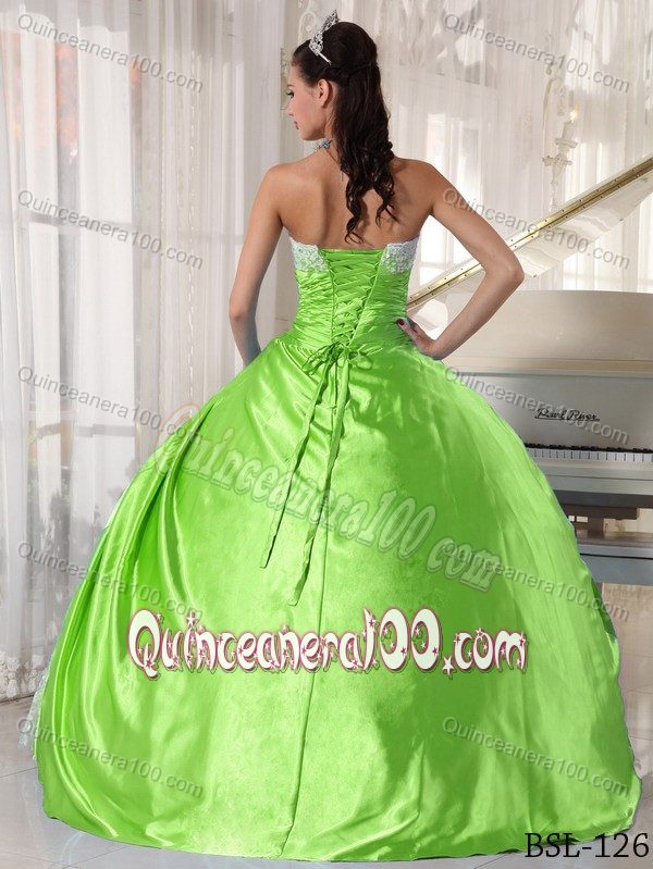 Dressy Lace and Taffeta Strapless Quinces Dresses in Spring Green