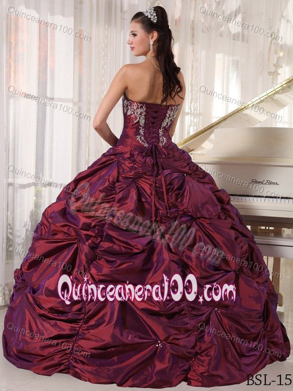 Burgundy Strapless Pick-ups Dress for Sweet 15 with Embroidery