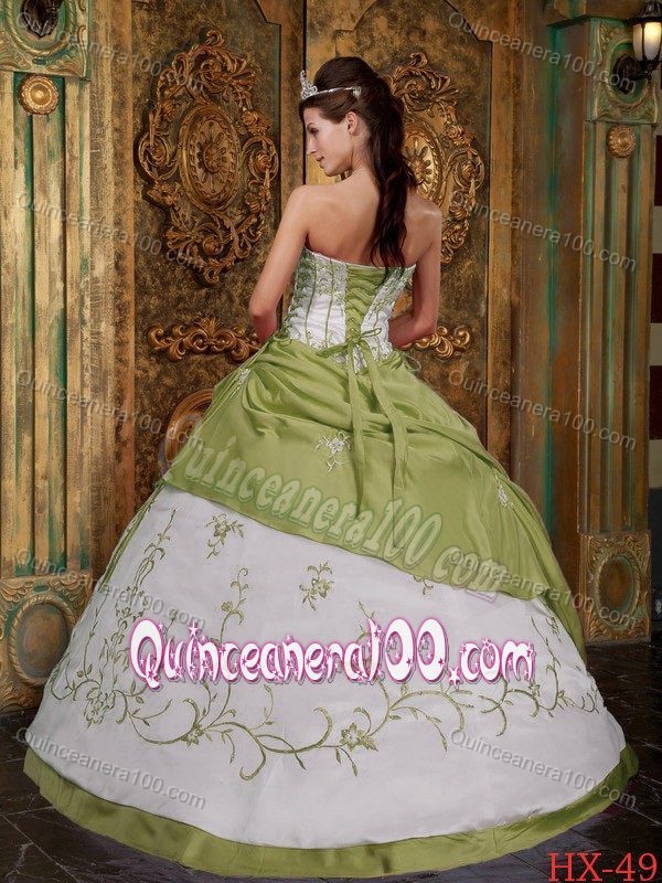 Attractive Olive Green and White Dress for Quince with Embroidery