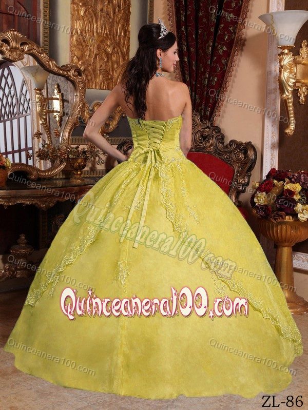 Yellow Ball Gown Appliques Strapless Quinces Dresses in Organza