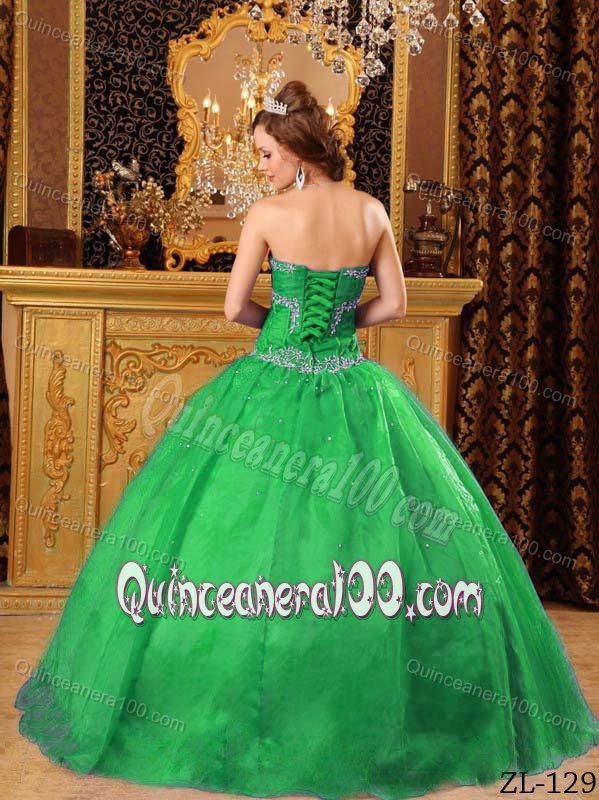 Cheap Organza Appliques Green Quinceanera Gowns with Beading