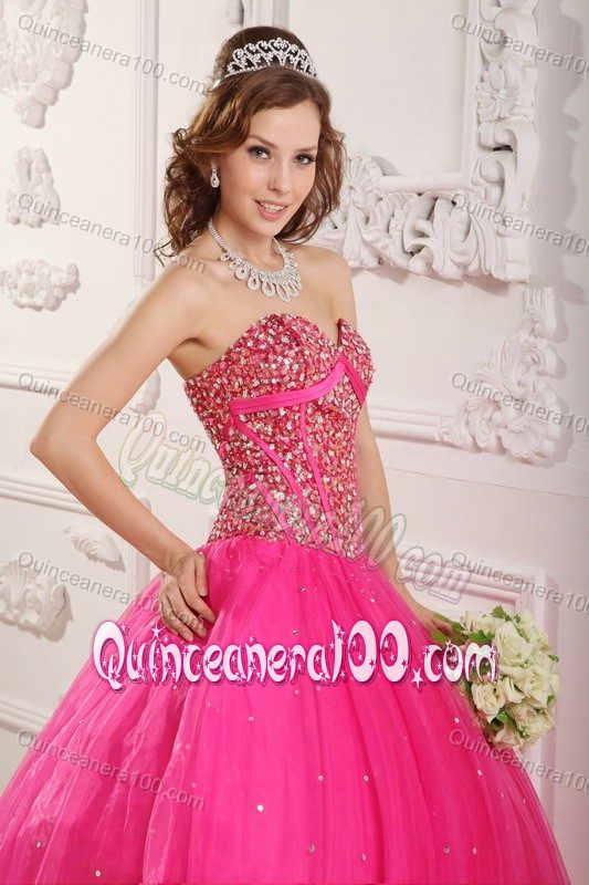 Hot Pink Sweetheart Tulle Sweet 16 Dresses with Beading Hot Sale