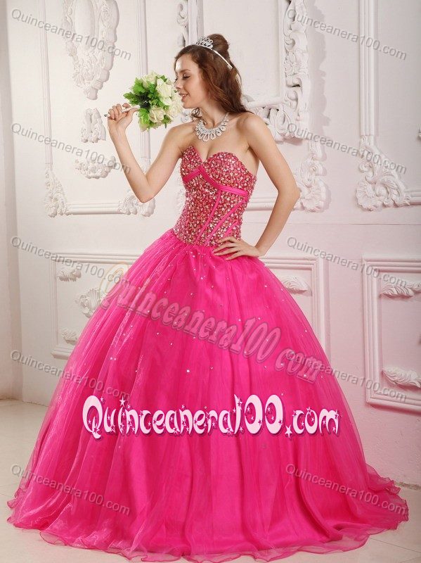 Hot Pink Sweetheart Tulle Sweet 16 Dresses with Beading Hot Sale