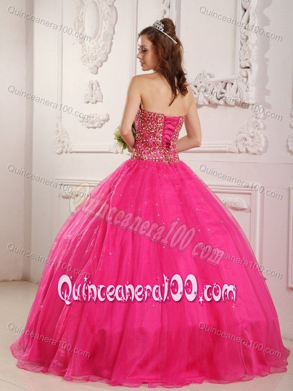 Hot Pink Sweetheart Tulle Sweet 16 Dresses with Beading Hot Sale