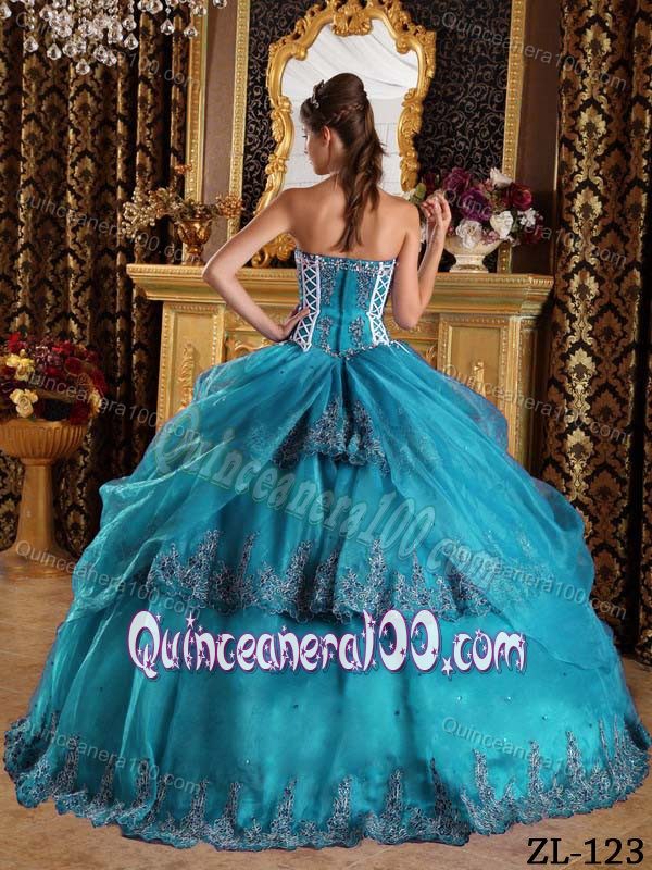 Customize Teal Organza Appliques Quinces Dresses with Beading