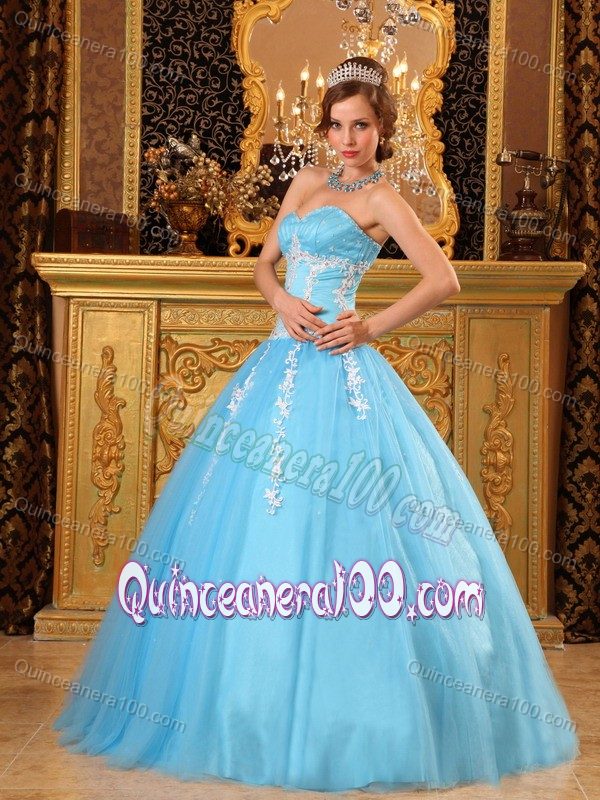 Aqua Blue Appliques Beading Sweetheart Dress for Quince in Tulle