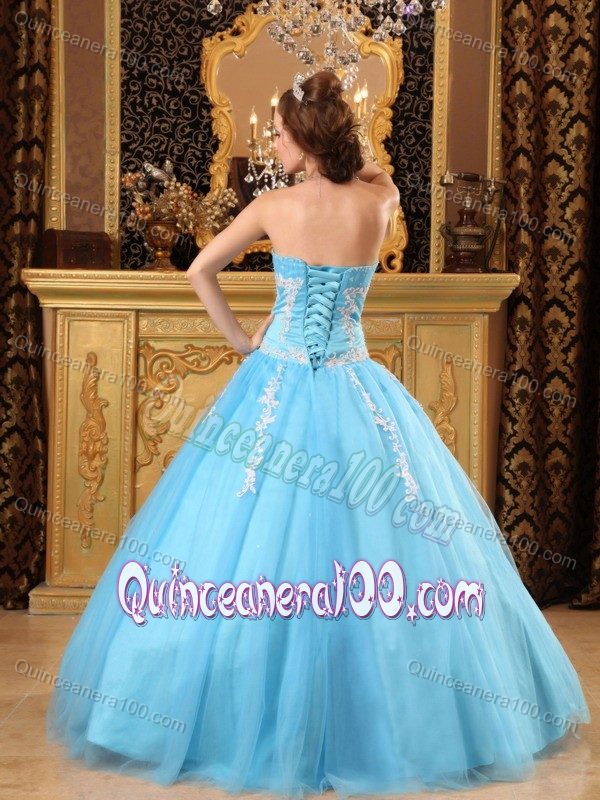 Aqua Blue Appliques Beading Sweetheart Dress for Quince in Tulle