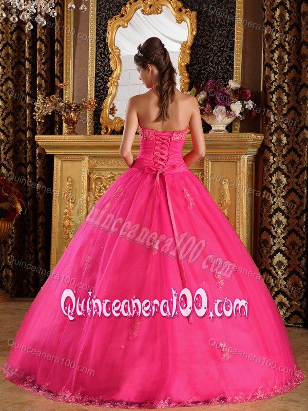 Hot Pink Halter Top v-Neck Appliques Quinceanera Dresses in Tulle