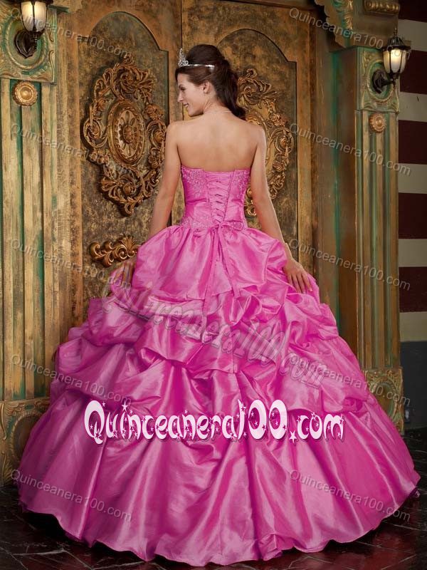 Hot Pink Ball Gown Pick-ups Quinces Dresses with Lace Decorate