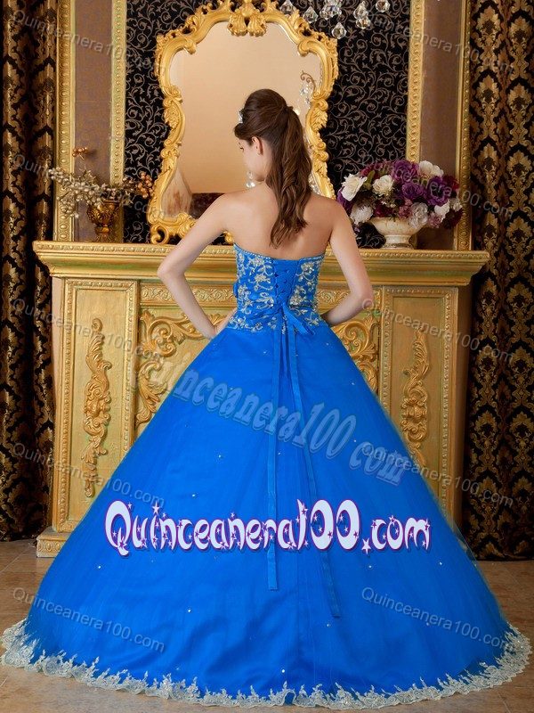 Lace Hem Decorate Beading Strapless Sweet Sixteen Dresses in Blue