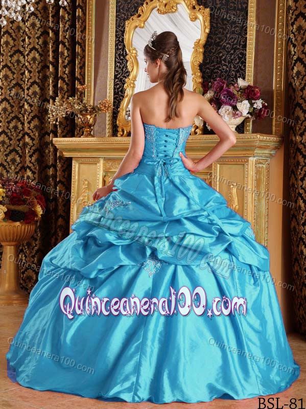 Aqua Blue Strapless Pick-ups Appliques Dresses for a Quinceanera