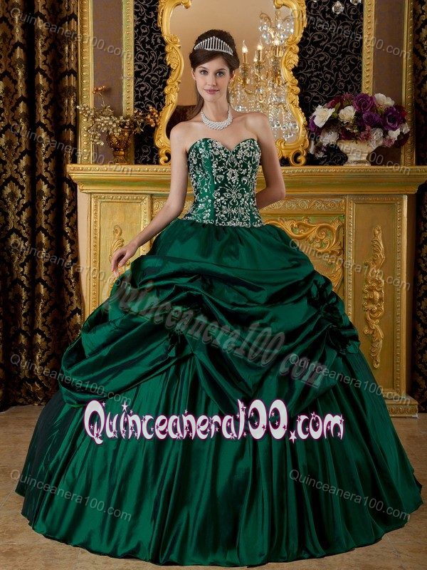 Dark Green Strapless Appliques Pick-ups Dresses for a Quinceanera