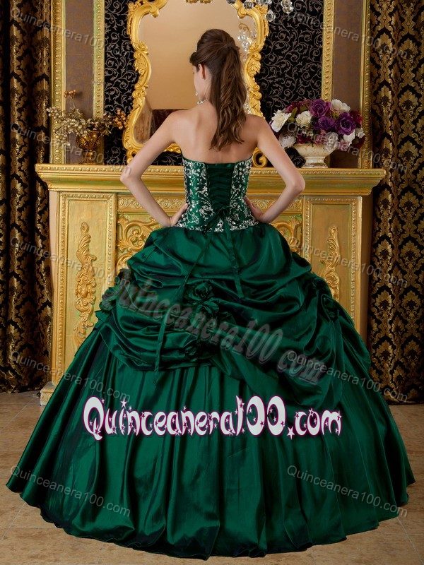 Dark Green Strapless Appliques Pick-ups Dresses for a Quinceanera