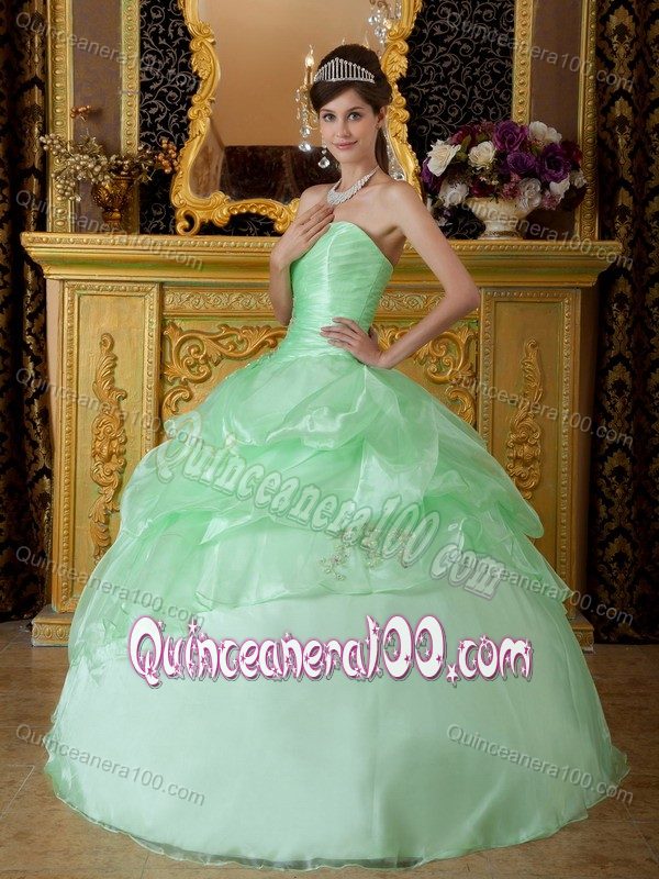 Apple Green Strapless Appliques and Pick-ups Accent Quince Dress