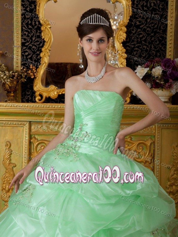 Apple Green Strapless Appliques and Pick-ups Accent Quince Dress