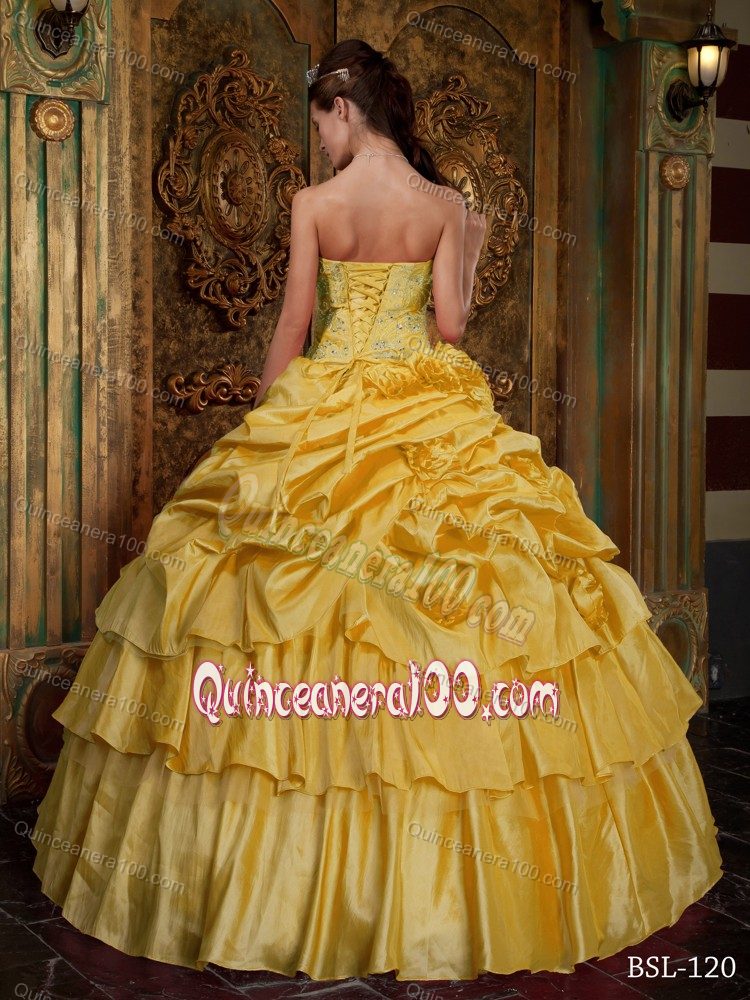 Yellow Strapless Appliques Tiered Pick-ups Pleated Dress for Quince