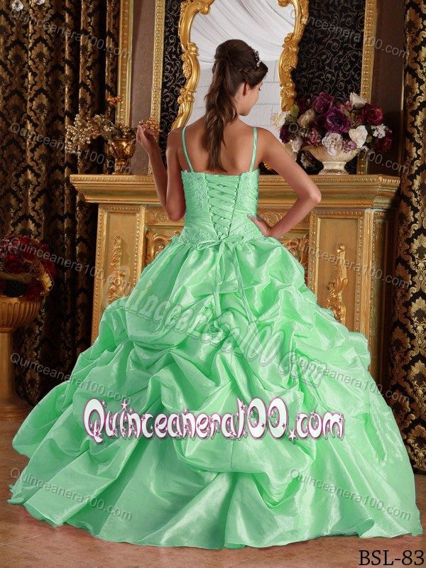 Apple Green Spaghetti Straps Ruches Bust Ruffled Quinces Dresses