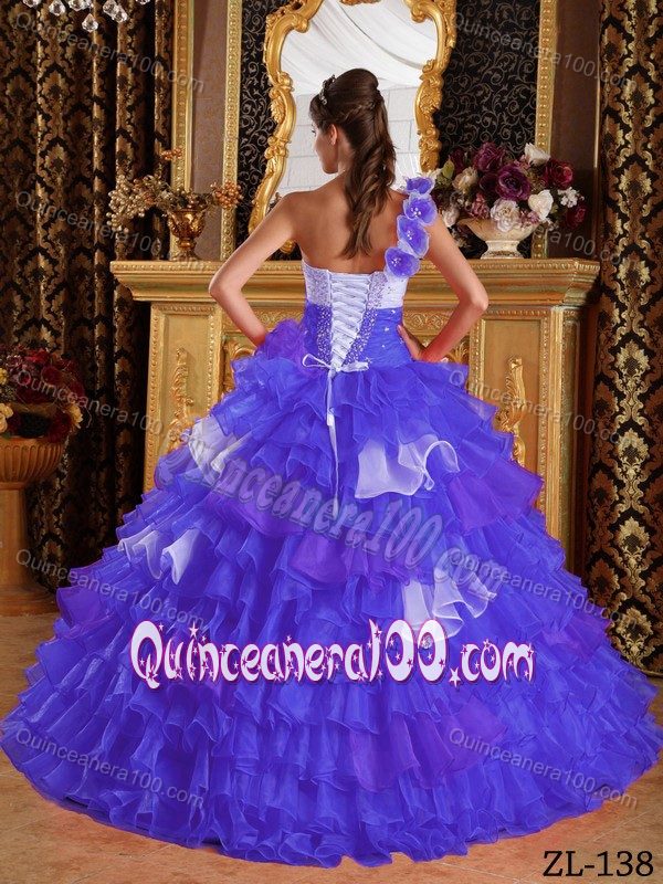 Blue One Shoulder Beading Multi-tiered Dresses for a Quinceanera