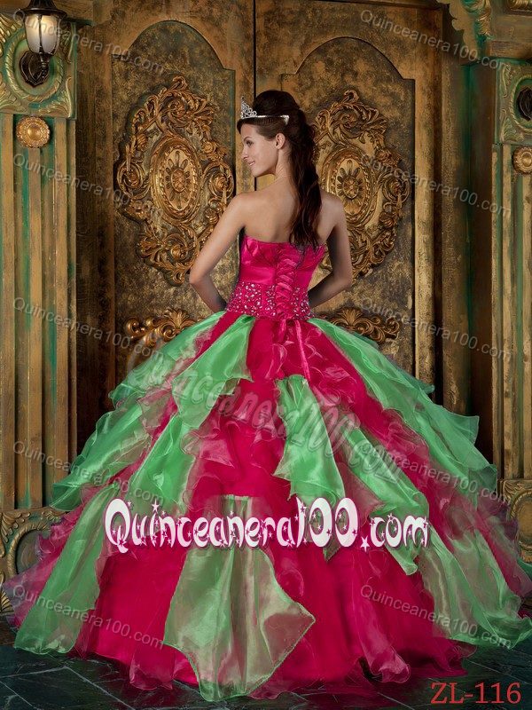 Hot Pink and Apple Green Ruffled Hand Made Flowers Dress for 15