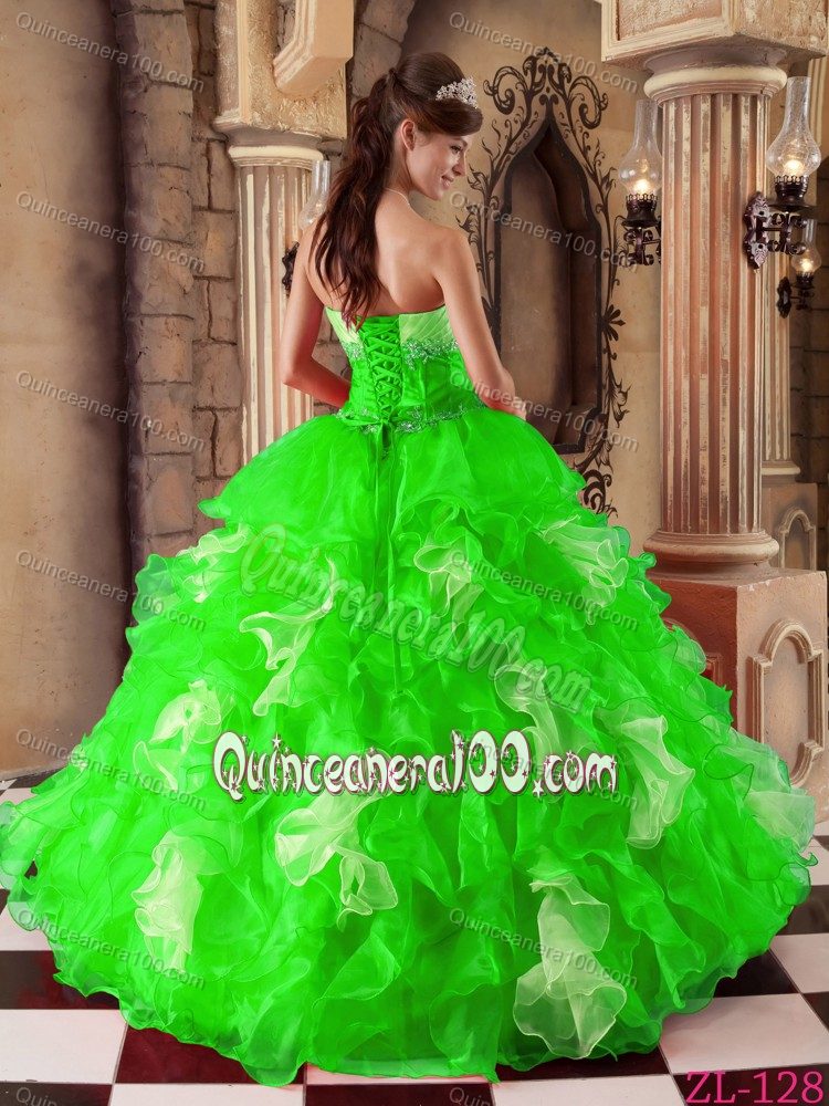 Spring Green Ball Gown Strapless Dress for Quince with Ruffles