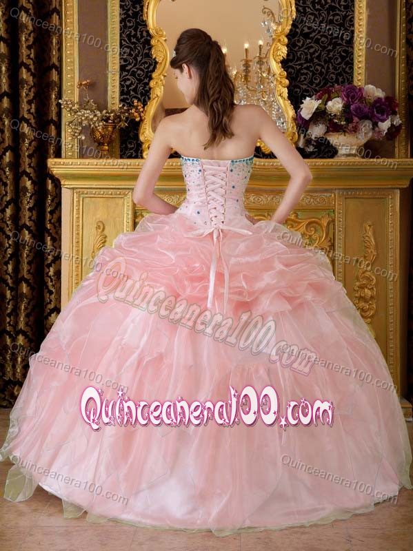 Baby Pink Strapless Beading Pick-ups Ruffled Dresses for a Quince