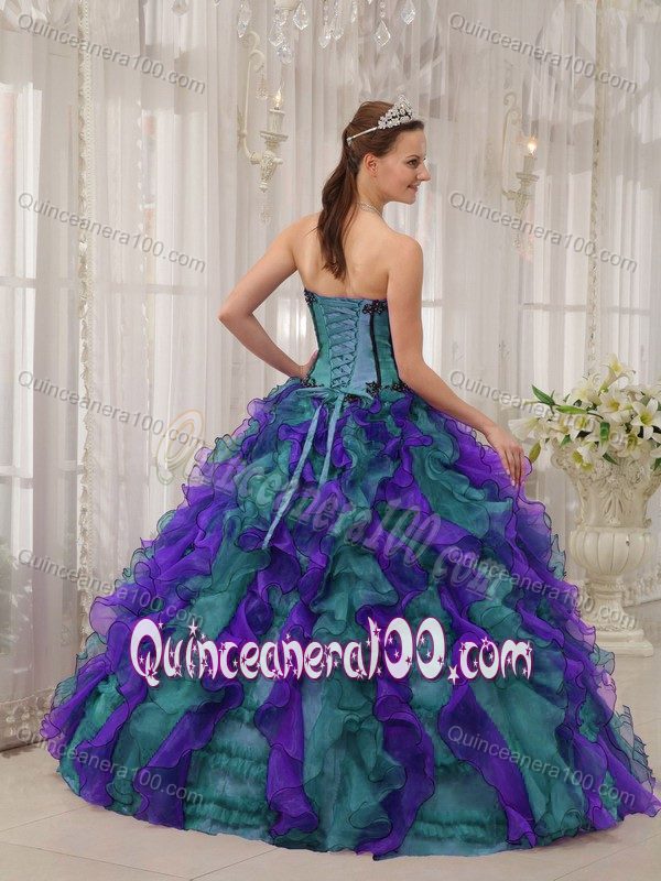 Multi-colored Sweetheart Appliques and Ruffles Dress for Sweet 15