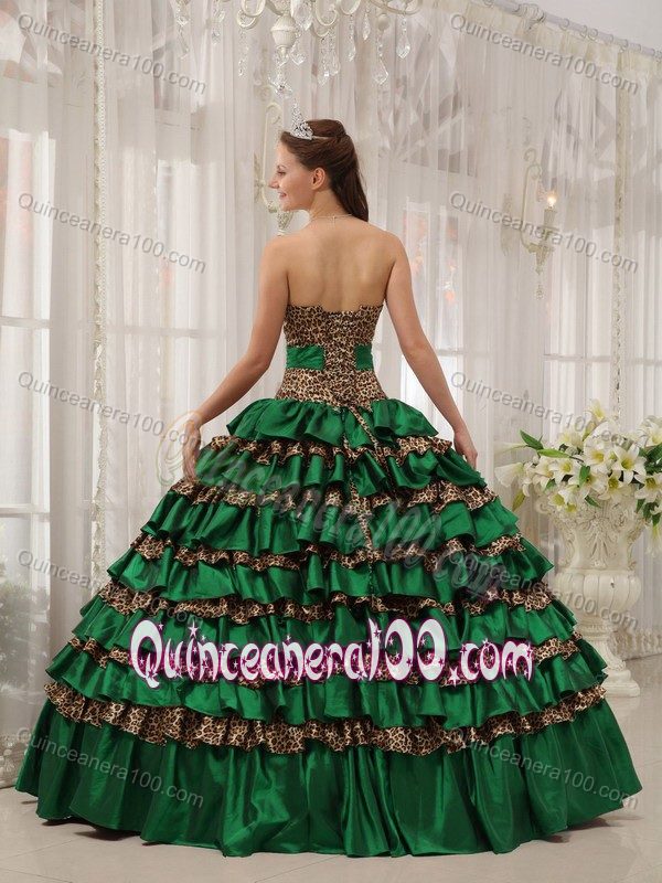 Strapless Green Multi-tiered Pleated Leopard Quinceanera Gowns