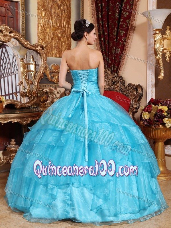 Aqua Blue Strapless Tiered Ruffled Ruches Bust Beaded Quince Dresses