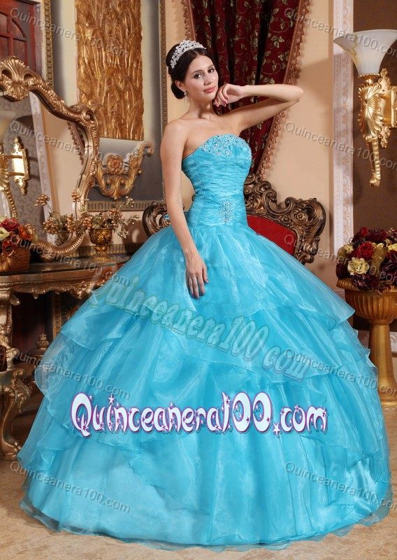 Aqua Blue Strapless Tiered Ruffled Ruches Bust Beaded Quince Dresses