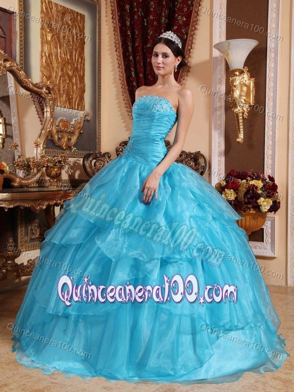 Aqua Blue Strapless Tiered Ruffled Ruches Bust Beaded Quince Dresses