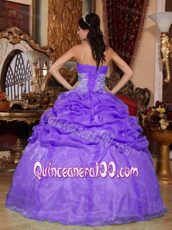 Light Purple Strapless Organza Appliques and Pick-ups Dresses for 15