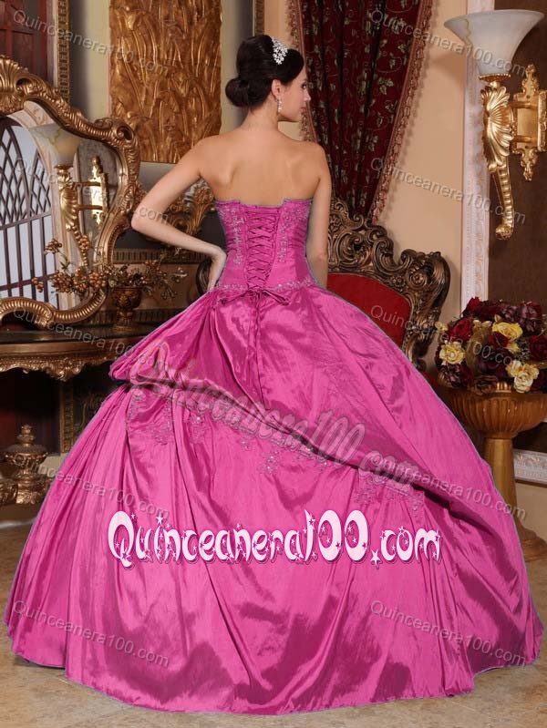 Hot Pink Strapless Appliques and Pleats Pick-ups Sweet Sixteen Dress