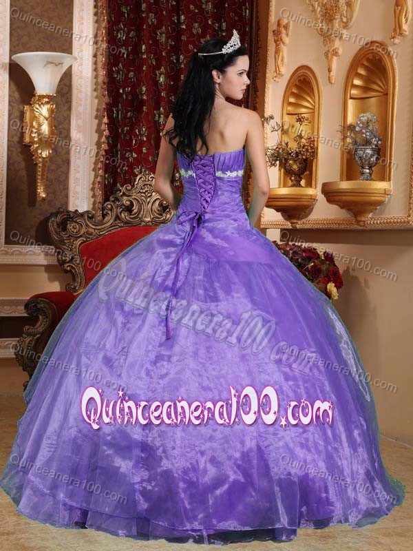 Light Purple Strapless Ruches and Appliques Accent Quince Gowns