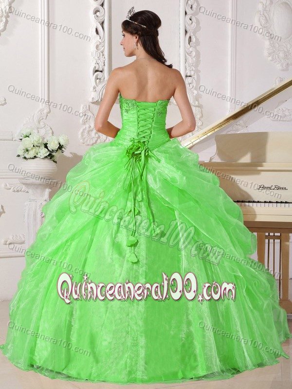 Spring Green Strapless Embroidery Beading Ruches Sweet 15 Dresses