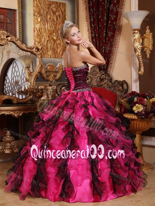 Elegant Black and Red Sweetheart Ruffled Beading Quinces Dresses